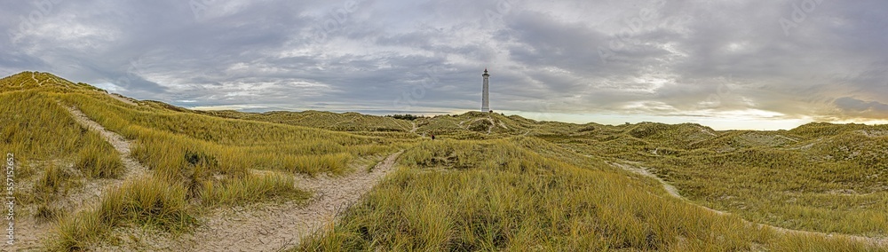 Panoramic picture of Lyngvik beach lighthouse in Denmark daytime