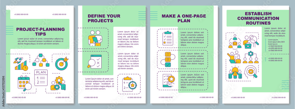 Tips for project planning green brochure template. Management. Leaflet design with linear icons. Editable 4 vector layouts for presentation, annual reports. Arial, Myriad Pro fonts used