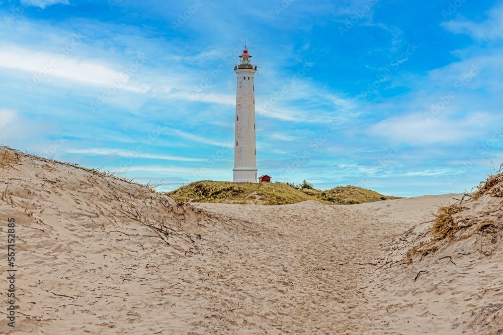 Panoramic picture of Lyngvik beach lighthouse in Denmark daytime