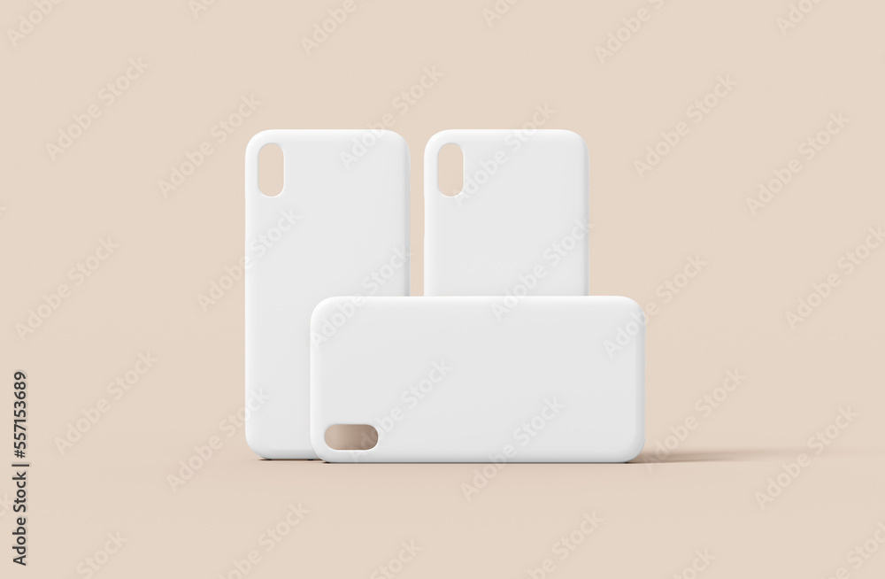 Three smartphone case mockup, blank cover template isolated on a neutral color background in 3D rendering. White phone plastic protector for branding design presentation Three smartphone case mockup, blank cover template isolated on a neutral color background in 3D rendering. White phone plastic protector for branding design presentation