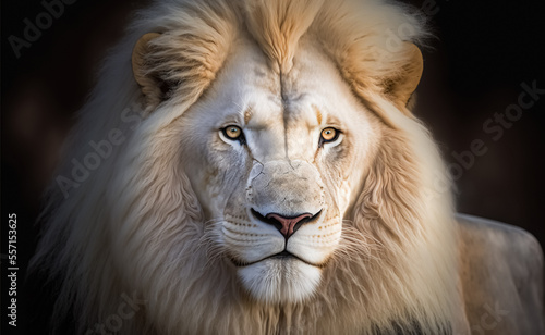 Magnificent Lion king   Portrait of majestic white lion on black background  Wildlife animal 