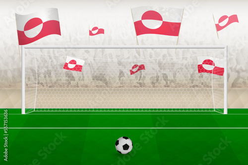 Greenland football team fans with flags of Greenland cheering on stadium, penalty kick concept in a soccer match.
