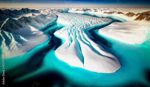 Greenland ice sheet. The Ice Cap crossing through striking glacier formations, glacial lakes and rivers. Climate Change. Iceberg afrom glacier in arctic nature landscape on Greenland. digital art	 photo