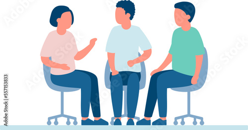 Meet of team of people for talk, conversation, communication, discussion, business relationship. Discuss problems together, exchange opinions of team worker. Support group, therapy. Vector