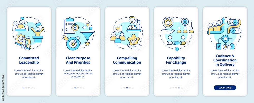 Government transformation disciplines onboarding mobile app screen. Walkthrough 5 steps editable graphic instructions with linear concepts. UI, UX, GUI template. Myriad Pro-Bold, Regular fonts used