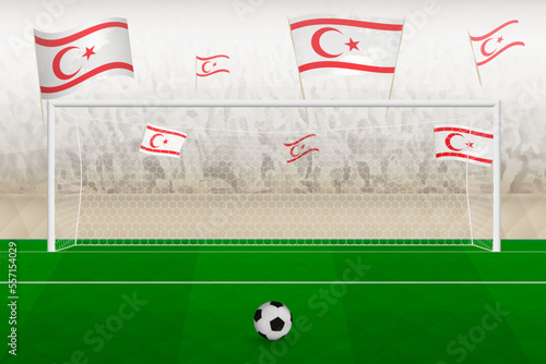 Northern Cyprus football team fans with flags of Northern Cyprus cheering on stadium, penalty kick concept in a soccer match.