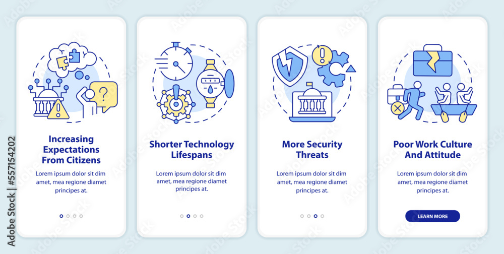 Modern public sector issues onboarding mobile app screen. Walkthrough 4 steps editable graphic instructions with linear concepts. UI, UX, GUI template. Myriad Pro-Bold, Regular fonts used