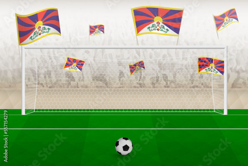 Tibet football team fans with flags of Tibet cheering on stadium, penalty kick concept in a soccer match.