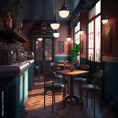 Restaurant indoor view with beautiful interior design. A awesome view of cafe restaurant. © Concept Killer
