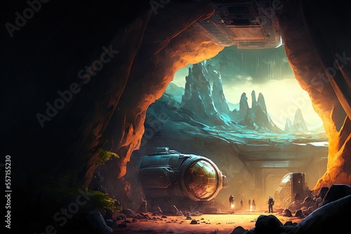 Hidden outpost in a hostile alien environment, digital art sci-fi. Generative AI photo