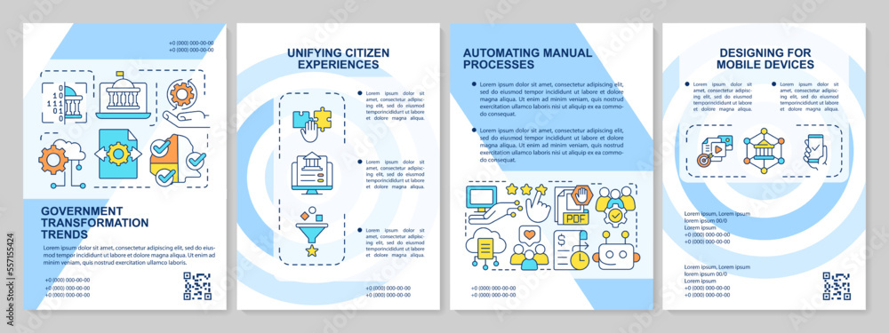 Government transformation trends blue brochure template. Leaflet design with linear icons. Editable 4 vector layouts for presentation, annual reports. Arial-Black, Myriad Pro-Regular fonts used