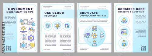 Government modernization tips blue brochure template. Leaflet design with linear icons. Editable 4 vector layouts for presentation, annual reports. Arial-Black, Myriad Pro-Regular fonts used