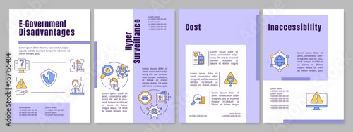 E-government disadvantages purple brochure template. Internet system. Leaflet design with linear icons. Editable 4 vector layouts for presentation, annual reports. Anton, Lato-Regular fonts used