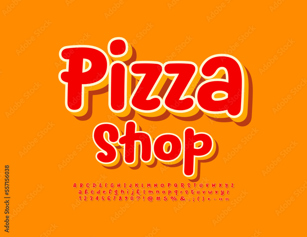 Vector creative logo Pizza Shop. Red and Yellow 3D Font. Bright Artistic Alphabet Letters and Numbers set