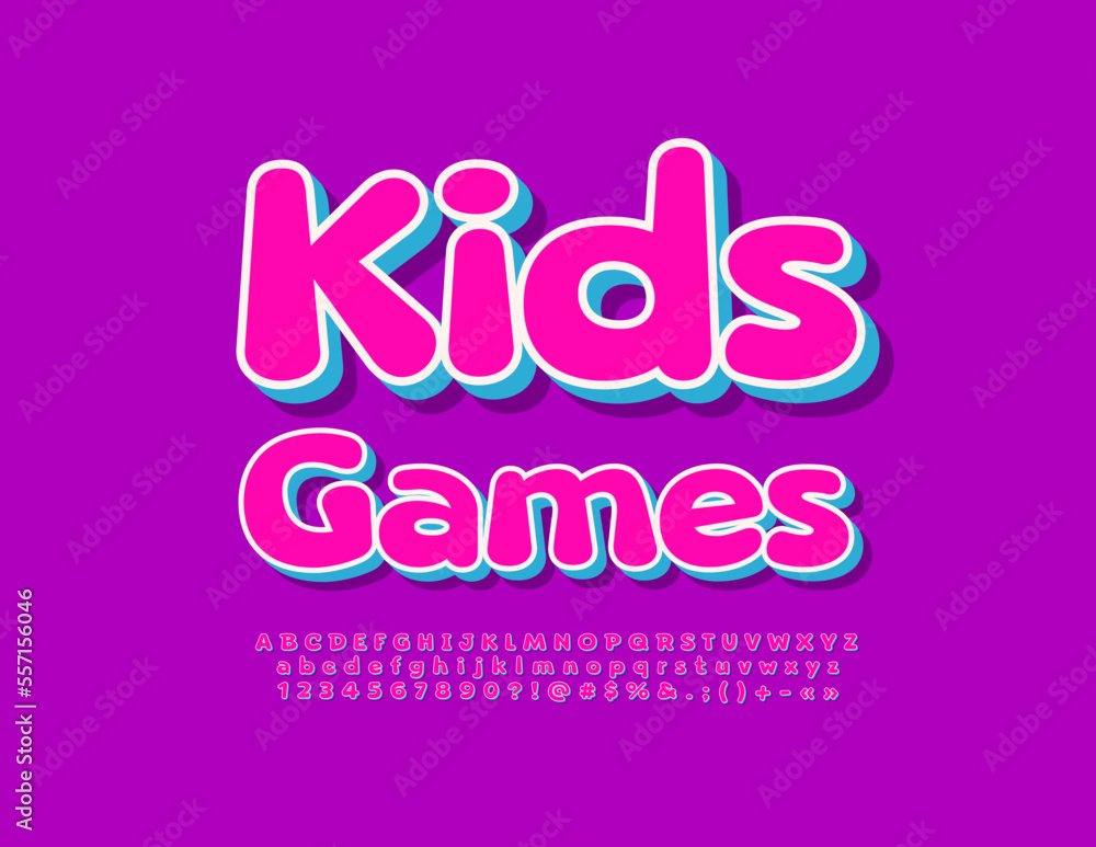 Vector cute sign Kids Games. Funny Colorful Font. Artistic Alphabet Letters, Numbers and Symbols set