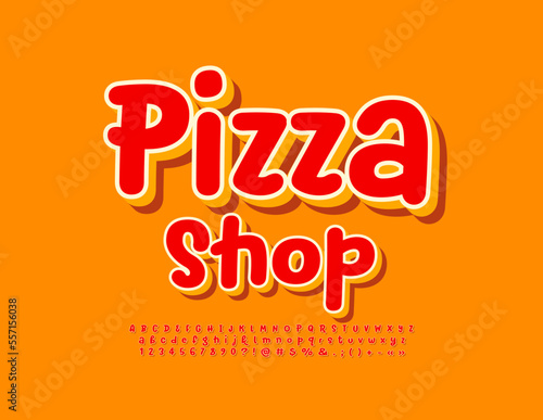 Vector creative logo Pizza Shop. Red and Yellow 3D Font. Bright Artistic Alphabet Letters and Numbers set