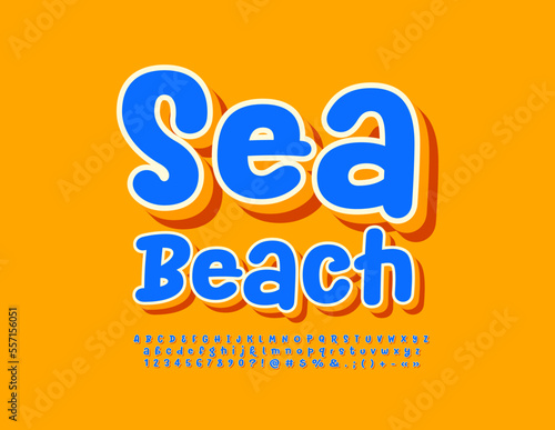 Vector travel banner Sea Beach with sticker style Font. Artistic style Alphabet Letters, Numbers and Symbols set