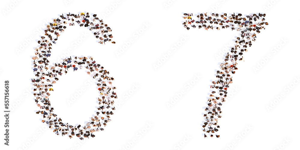 Concept or conceptual large community of people forming the fonts 6 and 7. 3d illustration metaphor for unity and diversity, humanitarian, teamwork, cooperation, education, friendship and community Concept or conceptual large community of people forming the fonts 6 and 7. 3d illustration metaphor for unity and diversity, humanitarian, teamwork, cooperation, education, friendship and community