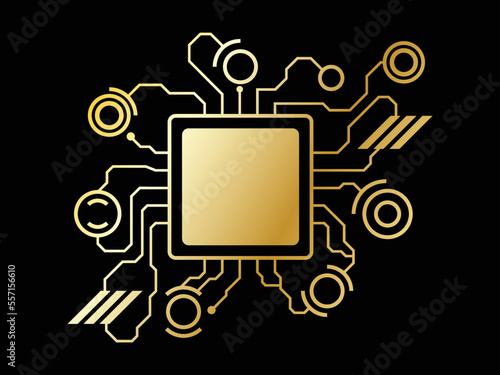 Processor and electrical circuit in gold gradient, dark gray background.