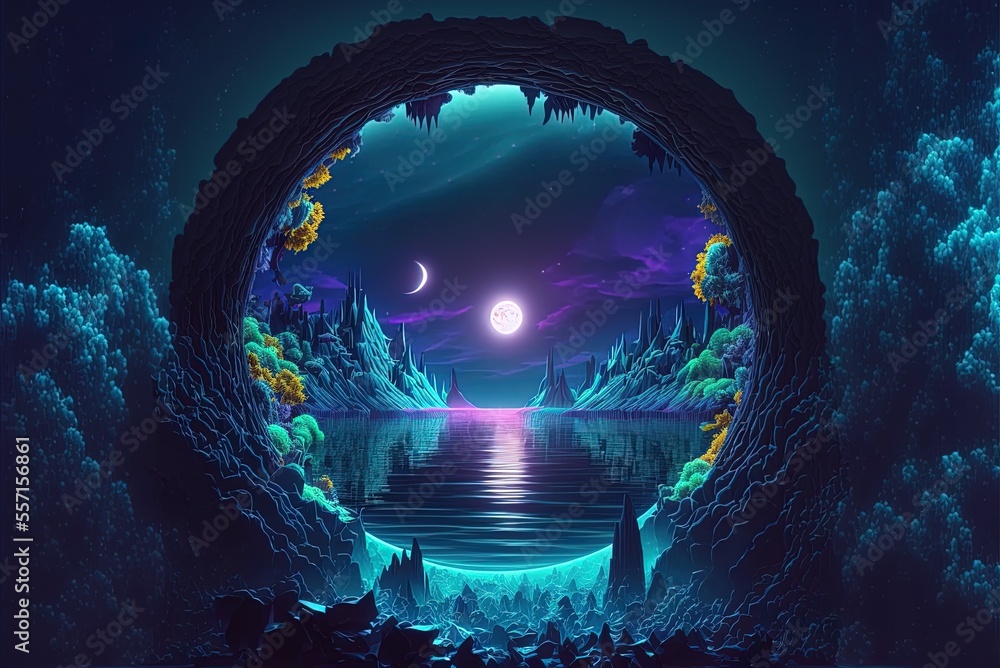 Obraz premium Submerged fantasy realm. Fantasy nighttime scene set in the future, complete with abstract island, moonlight, and neon lights. Galaxy doorway lit with neon beams. Generative AI