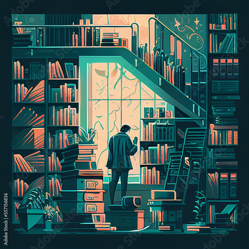 A man who looking through window in library