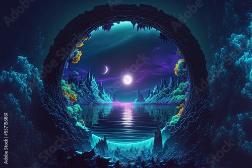 Submerged fantasy realm. Fantasy nighttime scene set in the future, complete with abstract island, moonlight, and neon lights. Galaxy doorway lit with neon beams. Generative AI