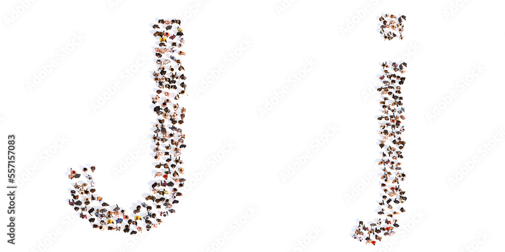 Concept or conceptual large community of people forming the font J. 3d illustration metaphor for unity and diversity, humanitarian, teamwork, cooperation, education, friendship and community Concept or conceptual large community of people forming the font J. 3d illustration metaphor for unity and diversity, humanitarian, teamwork, cooperation, education, friendship and community
