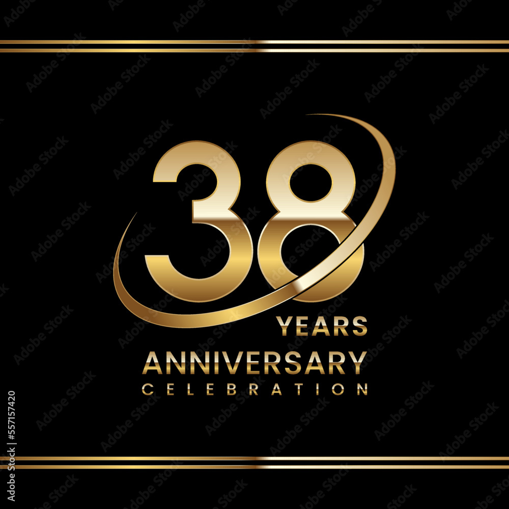 38th Anniversary logo design with golden ring. Logo Vector Illustration