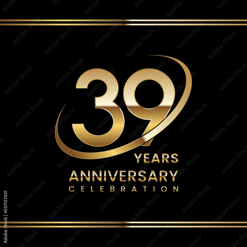 39th Anniversary logo design with golden ring. Logo Vector Illustration