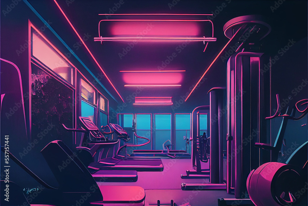 Empty gym in neon purple lighting. Empty gym in neon purple lighting.