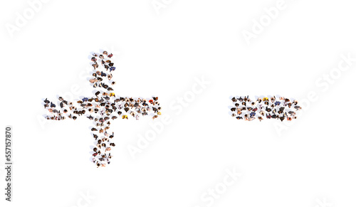 Concept or conceptual large community of people forming the + and - signs. 3d illustration metaphor for unity and diversity, humanitarian, teamwork, cooperation, education, friendship and communityv photo