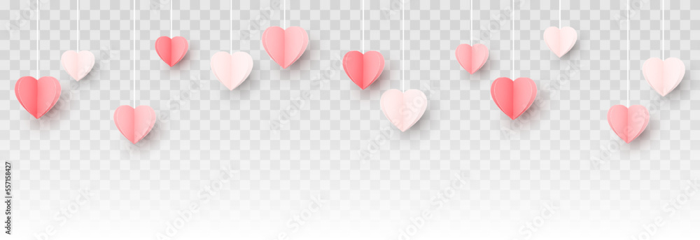 Vector multicolor hanging paper hearts png. Heart shaped paper confetti png. Paper elements png. Hearts for Valentine's Day, March 8, Mother's Day. - obrazy, fototapety, plakaty 