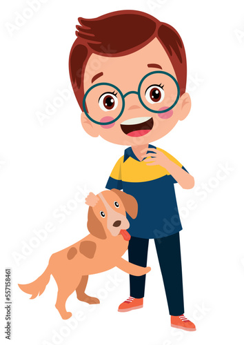 happy cute little kid play with dog