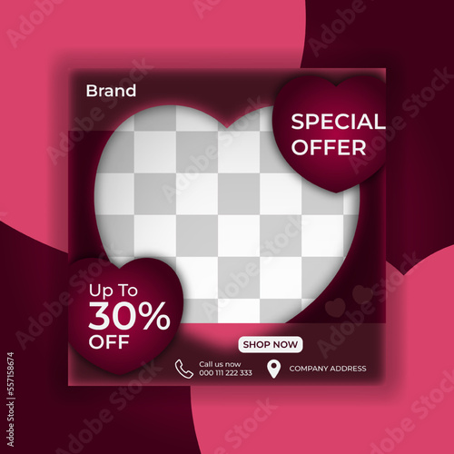 Heart Social Media Banner Post Template Vector. Modern banner design with decorative red heart, blank background for photo booth. Perfect for social media, instagram ads, websites, flyers and banners.