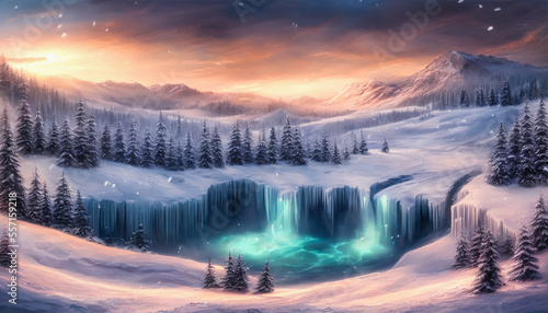 Majestic painting of a fantastical village in a frozen land. Generative AI © 4K_Heaven