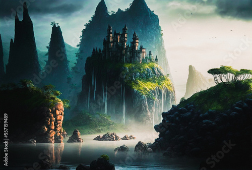 Fortress on a cliff in a fantasy forest mountain landscape