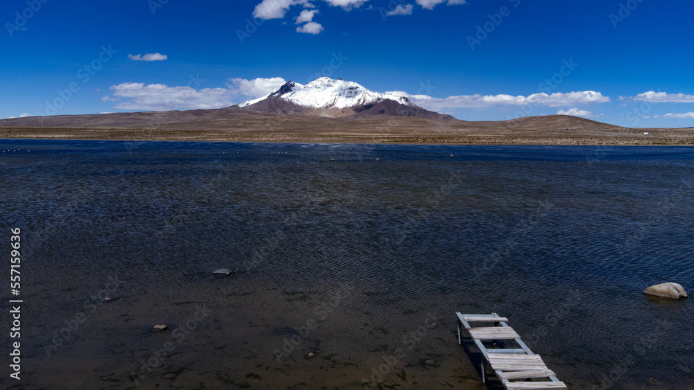 Chungara lake view with volcanic background in Lauca National Park on the border between Chile and Bolivia.