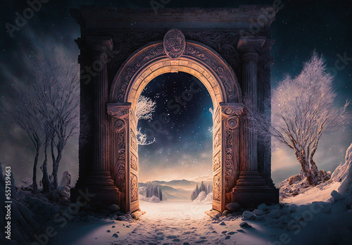 Ancient or alien portal in a winter landscape