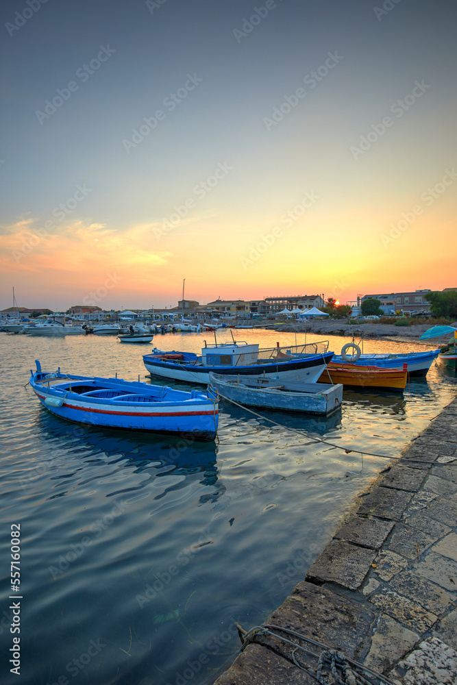 The little port of Marzamemi at sunset, Province of Syracuse, Sicily, Italy