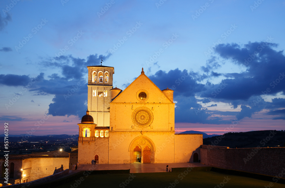 Basilica of San Francesco d'Assisi at dusk, Assisi, Italy