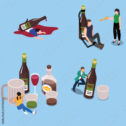 Alcohol abuse and addiction isometric 3d vector illustration concept for banner, website, illustration, landing page, flyer, etc.