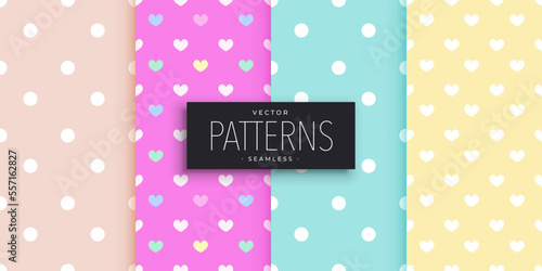 Cute polka dots and heart patterns set. Seamless background. Juicy and appetizing colors. Vector illustration.	