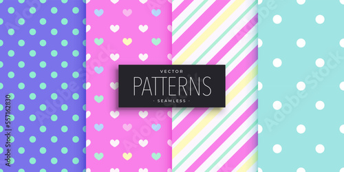 Cute polka dots, heart, and striped patterns set. Seamless background. Juicy and appetizing colors. Vector illustration.	