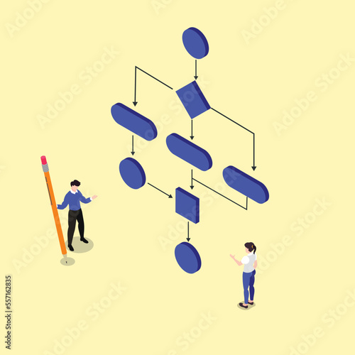 Programmers with flow chart isometric 3d vector illustration concept for banner, website, illustration, landing page, flyer, etc.