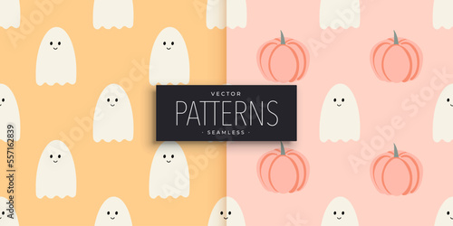 Set of ghost and pumpkin cover templates. Holiday Halloween. Vector illustration is seamless.