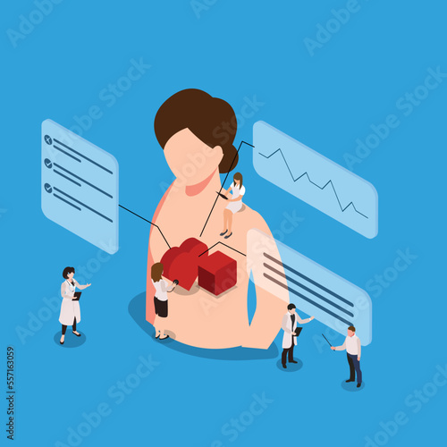 Cardiologists checking up heart of patient isometric 3d vector illustration concept for banner, website, illustration, landing page, flyer, etc.