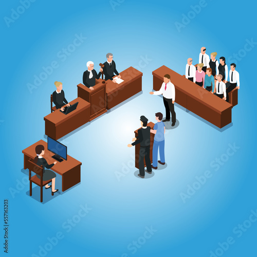 Courtroom interior with judges and lawyer isometric 3d vector illustration concept for banner, website, illustration, landing page, flyer, etc.