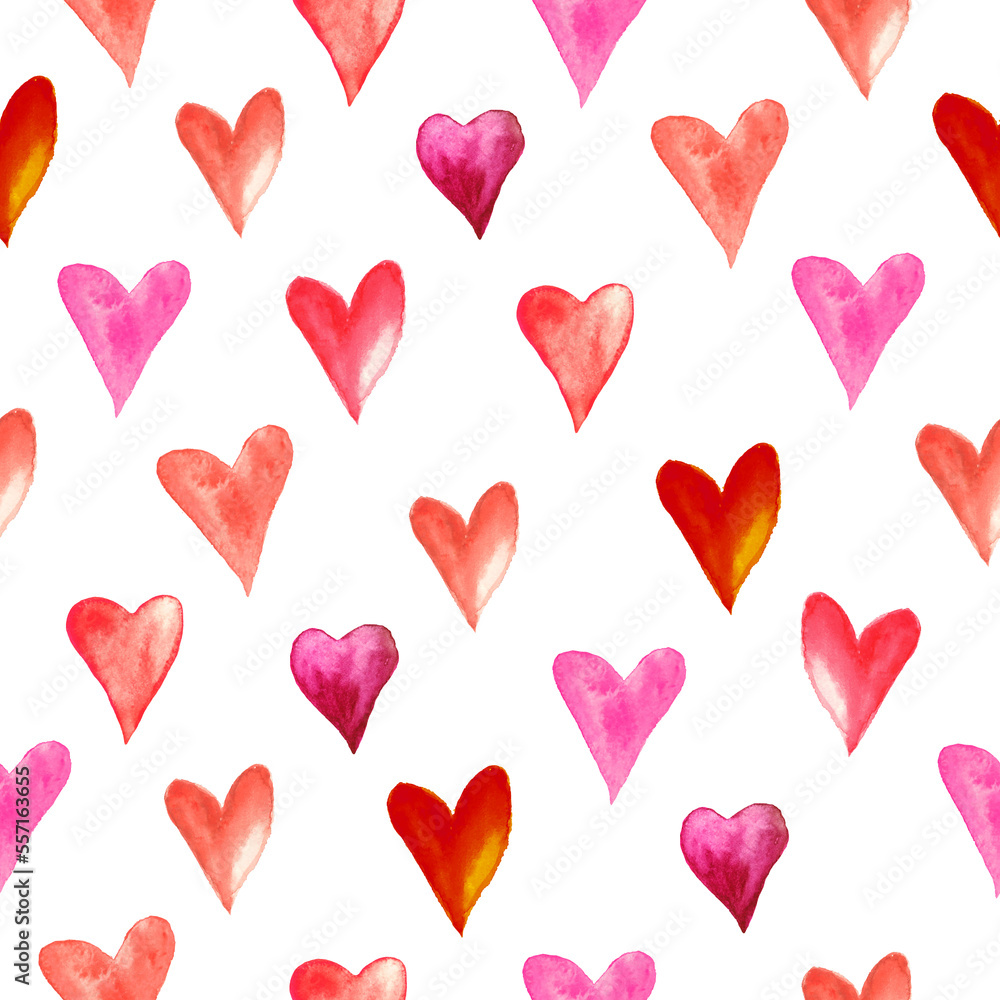 Watercolor seamless pattern with abstract red,pink hearts. Hand drawn  illustration isolated  For packaging,  wrapping design or print. Suitable for design on Valentine's day