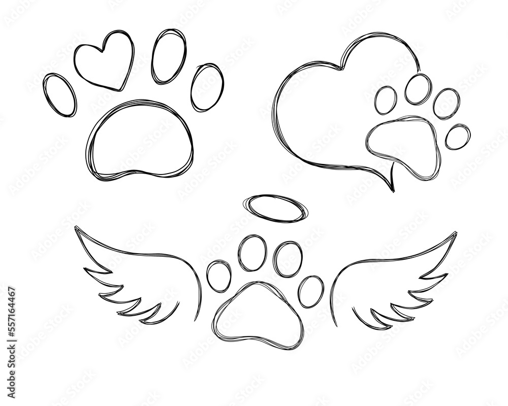 Big Set Line Art Illustration Pet Care Dog Footprint Dog Paw Tattoo 