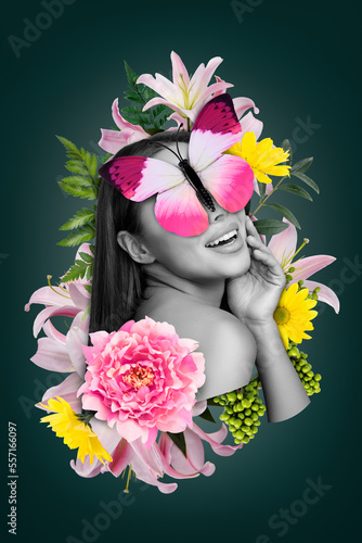 Fototapeta Naklejka Na Ścianę i Meble -  Creative banner poster collage pf tender lady with butterfly peony lilly flowers magic jungle queen advertise skincare procedure